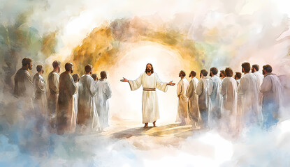 Jesus teaching in an archway surrounded by attentive listeners.