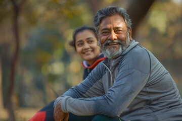 Happy mature fitness couple resting after run in park.
