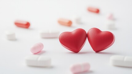 Fototapeta premium Two Red Heart-Shaped Pills on a Bright Background, Symbolizing Care, Love, and Psychological Healing.