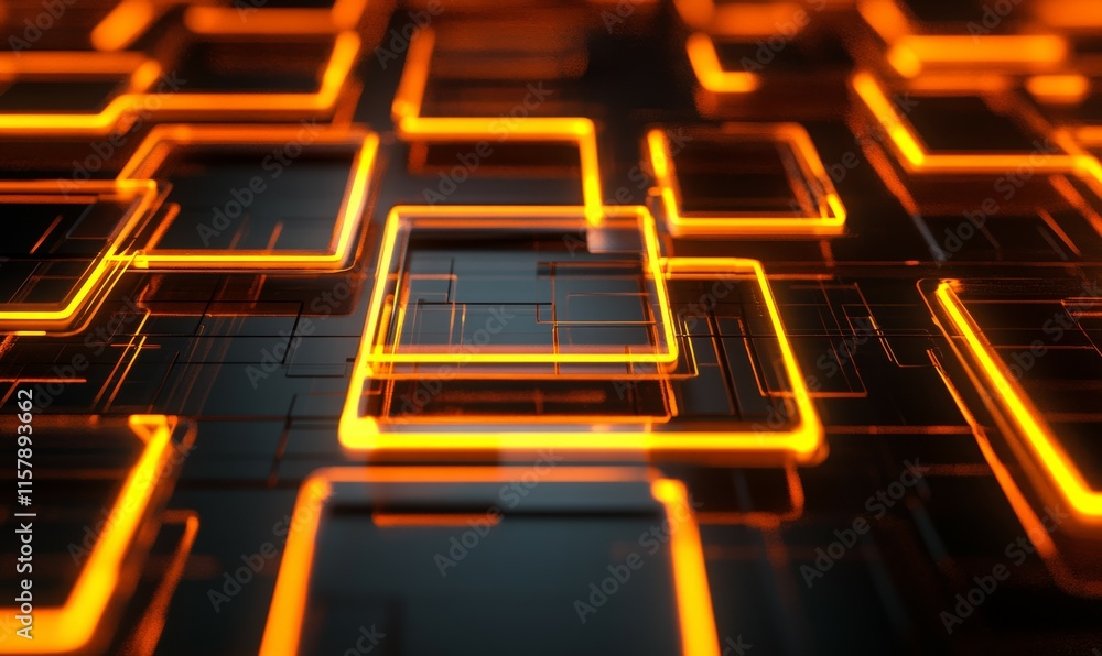Poster abstract background of square and rectangle shaped neon glowing lights reflecting on dark surface cr