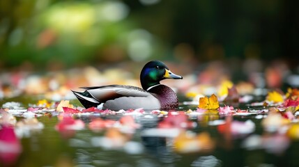 Duck Swimming in Calm Water Surrounded by Colorful Autumn Leaves