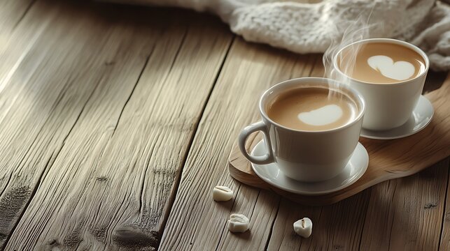 Cozy Autumn Morning: Two Steaming Latte Art Cups on Rustic Wood Table Photo. AI Generated