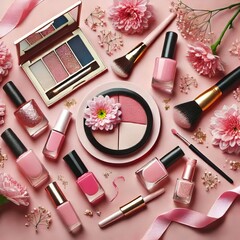 Happy woman's day concept. Makeup products, nail polish and flowers on pink background. 