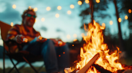 Friends gather around a warm campfire enjoying a cozy evening under twinkling lights