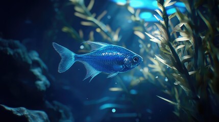 Naklejka premium Underwater Scene Featuring a Blue Fish and Aquatic Plants