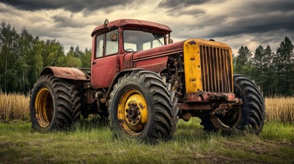 Obraz premium Vintage Tractor in Overcast Pastoral Landscape