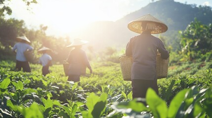 Workers in Bright Sunlight in Scenic Field