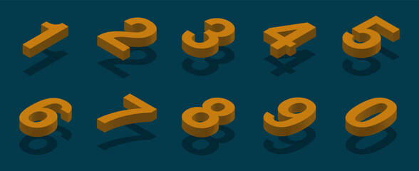3D Number Set. Isometric golden numeric characters with shadows on a dark teal background. Modern isometric design for numbers 0 to 9.