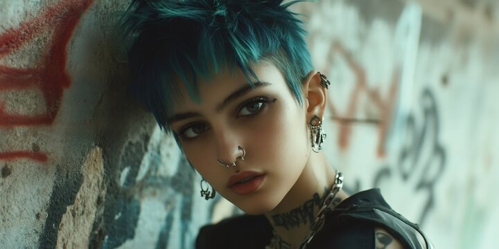 Portrait of an alternative model with blue hair, piercings and tattoos standing next to a graffiti wall
