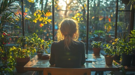 A woman with long blonde hair sits at a wooden table surrounded by plants, enjoying the natural sunlight in a cozy workspace. She appears relaxed and focused.