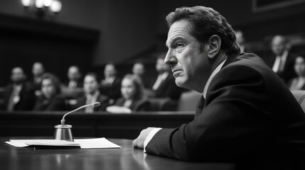 Obraz premium The art of advocacy, prosecutor portrait, capturing use of expressive gestures in court, role of body language, persuasive communication in delivering impactful statements during legal proceedings.