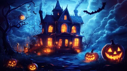 Spooky Halloween haunted house at night with pumpkins.