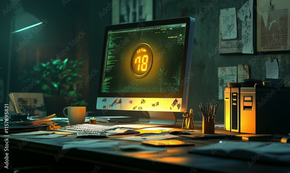 Poster Darkened workspace with glowing computer screen showing an urgent timer; coffee stains and crumpled notes scattered, evoking last-minute rush.