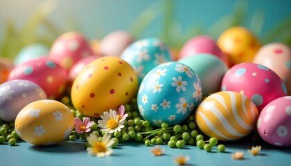 A colorful background featuring a collection of Easter eggs, decorated in various vibrant colors and patterns, symbolizing the joyful celebration of Easter