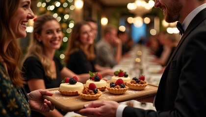 Group of friends enjoying desserts at a festive dinner.