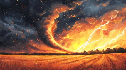 Fiery storm swirling over a golden field, lightning striking.
