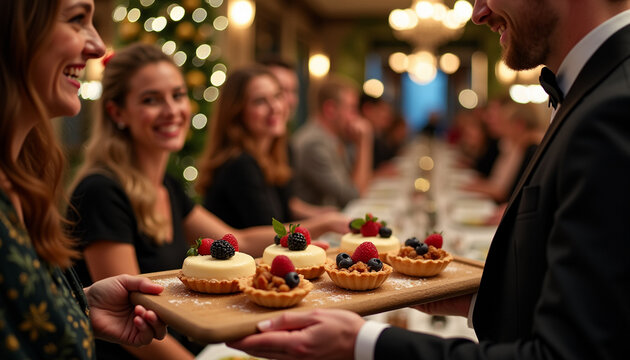 Group of friends enjoying desserts at a festive dinner.