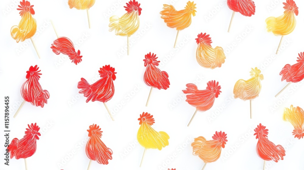 Poster Vibrant rooster shaped lollipops arranged in playful patterns with ample space for creative text display. Generative AI
