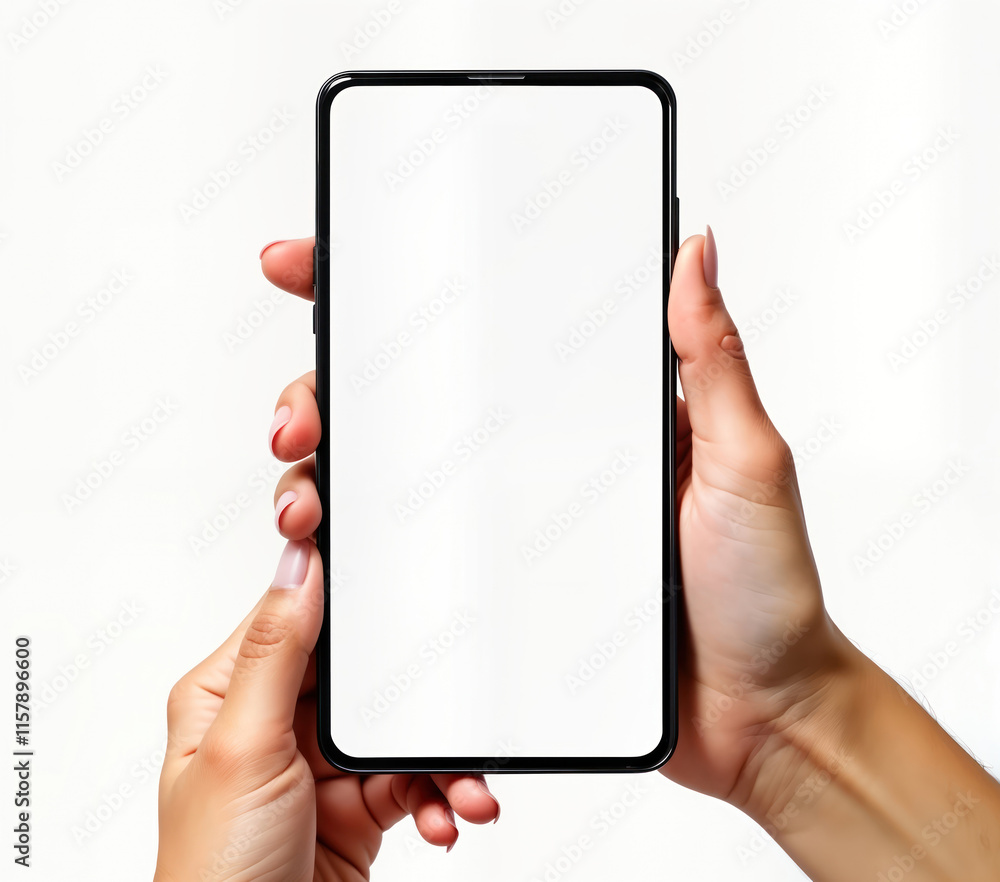 Poster white smartphone mockup in hand. blank screen. female hand holds modern device. trendy tech photo fo