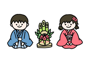 お正月 着物を着た子どもたちの可愛いイラスト
