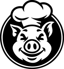 Illustration of a pig head with chef hat isolated on white background. Pork meat. Design element for poster, menu ,card.