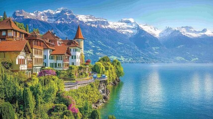 Fototapeta premium Scenic Swiss Lakeside Village with Snow-Capped Mountains and Blue Sky