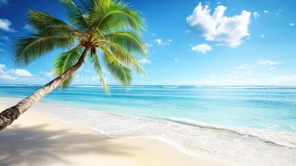 Tropical Beach Scene with Palm Tree and Clear Blue Sky