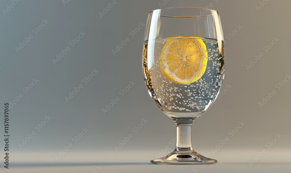Poster glass of sparkling water with a single lemon slice floating inside, captured against a plain gray ba