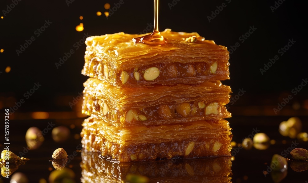 Poster golden baklava slices with visible layers of nuts and flaky pastry, drizzled with honey and sprinkle