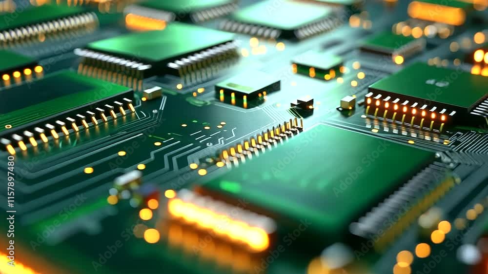 Poster microchip assembly line with green circuit boards processing