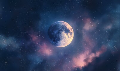 Obraz premium A hazy, indistinct full moon, veiled by clouds tinged with the colors of the setting sun, in the night sky.