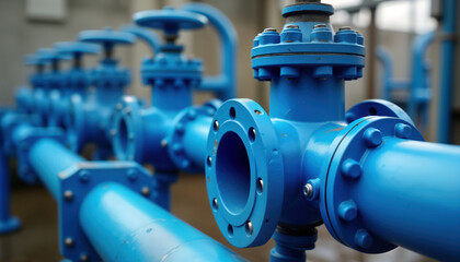Obraz premium Close-up view of new blue water pipeline equipment. Modern industrial water distribution system. Blue metal pipes, connections. Water valves, fittings. Industrial structure for water flow. Durable