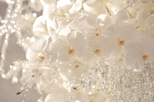 Elegant white orchids with sparkling crystal accents in bright light