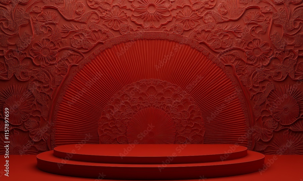 Aufkleber a minimal background for a chinese new year concept based on a red podium on a red fan background.