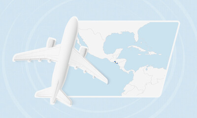El Salvador Travel Illustration with Plane and National Flag. Airplane Flying Over El Salvador Map.