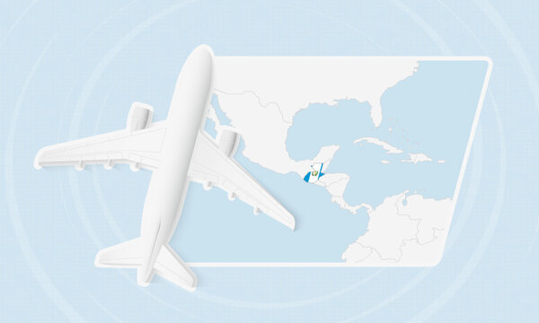 Guatemala Travel Illustration with Plane and National Flag. Airplane Flying Over Guatemala Map.