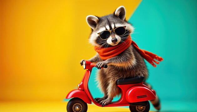 Cute raccoon wearing sunglasses, orange scarf rides red scooter. Funny animal photo on bright yellow, teal background. Ideal for funny screensavers. Animals enjoy leisure, extreme fun activities.