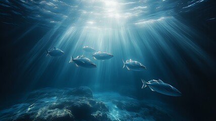 Sunbeams illuminate a school of tuna swimming above a dark ocean floor.