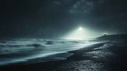 Fototapeta premium Dramatic stormy night seascape with lighthouse beam.