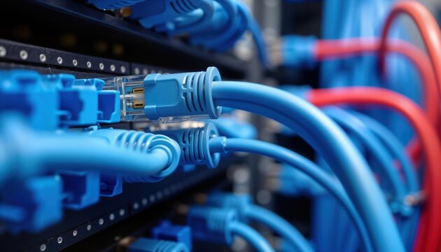 Close up view of server rack with blue, red internet patch cords connected to black patch panel. Tech cables connect electronic equipment. Data center tech scene. High-bandwidth network connections