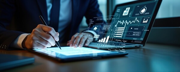 Businessman signs digital document on tablet. Uses stylus for signature. Tech tools like laptop, tablet show document management system online. Businessman works in office. Digital signature process.