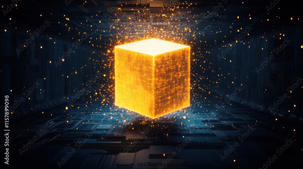 Poster glowing cube in digital space: abstract 3d render