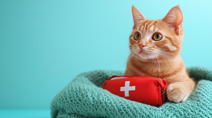 Charming orange cat with knitted blanket and first aid kit on light blue background, pet care and veterinary banner with empty space for text