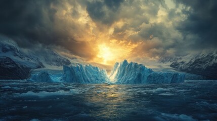 Fototapeta premium Dramatic sunset over icy glaciers and cold ocean.