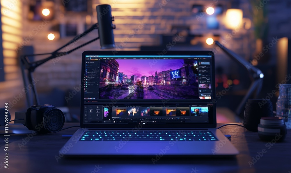 Poster laptop with a vibrant screen showing a live streaming interface, surrounded by sleek modern gadgets 