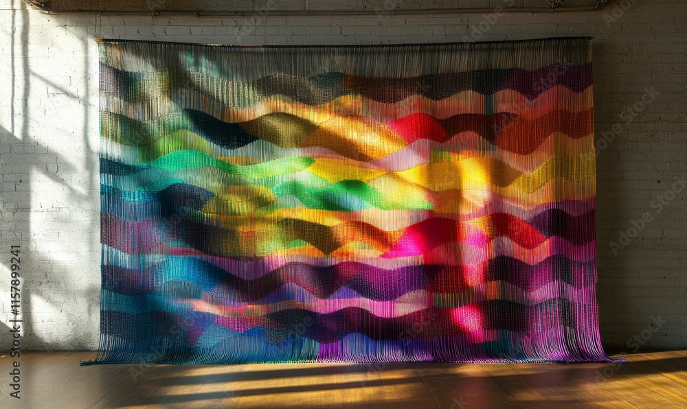 Poster large woven wall hanging with vibrant rainbow threads and textured patterns, creating an interplay o