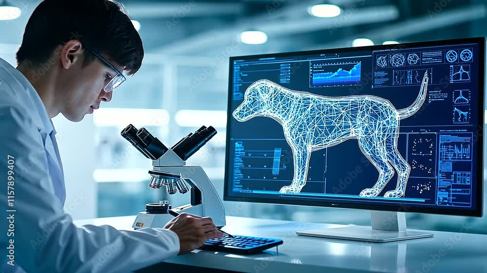 Poster modern laboratory with engineer analyzing robotic dog design