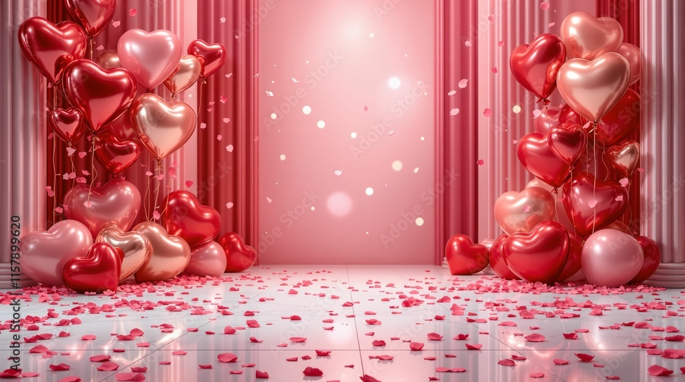 Fototapete festive scene with a variety of red and pink heart-shaped balloons and confetti scattered across a r