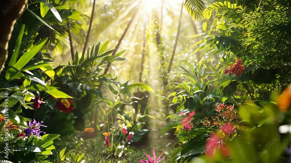 Poster sunlight filters through lush greenery in a tropical garden, creating a serene atmosphere with vibra