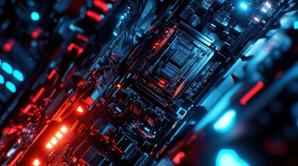 Abstract futuristic technology background with red and blue glowing lights.